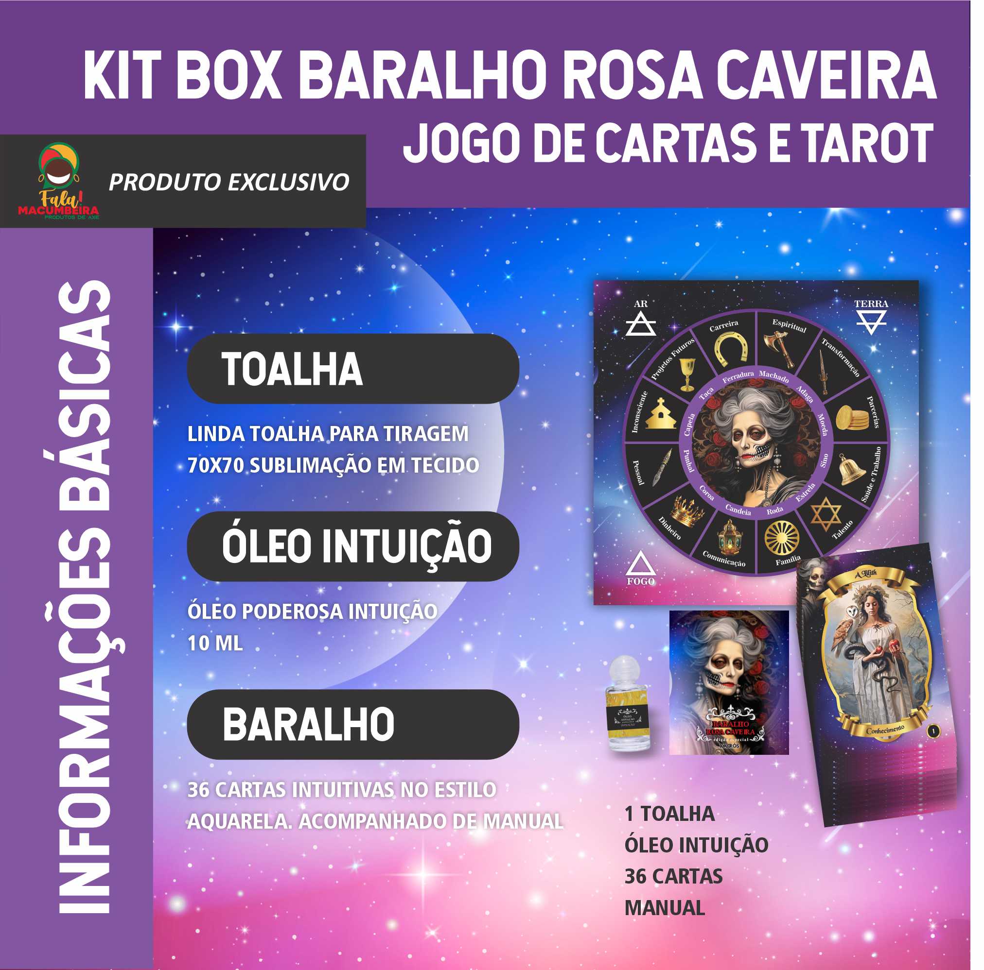 KIT Box Baralho Rosa Caveira + Óleo Poderosa Intuição + 36 Cartas Canteadas e Laminadas + Manual + Toalha